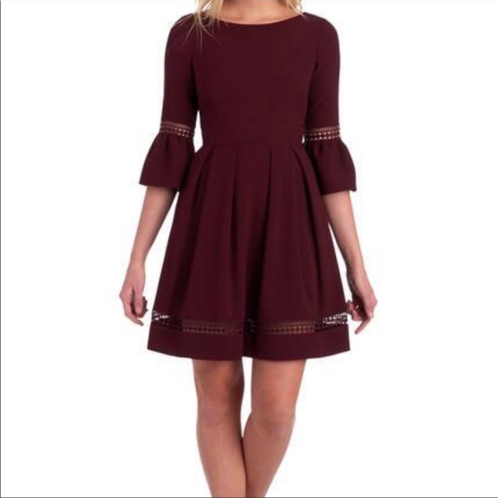 Eliza J dark green fit and flare skater dress bell sleeve lace detail size 6